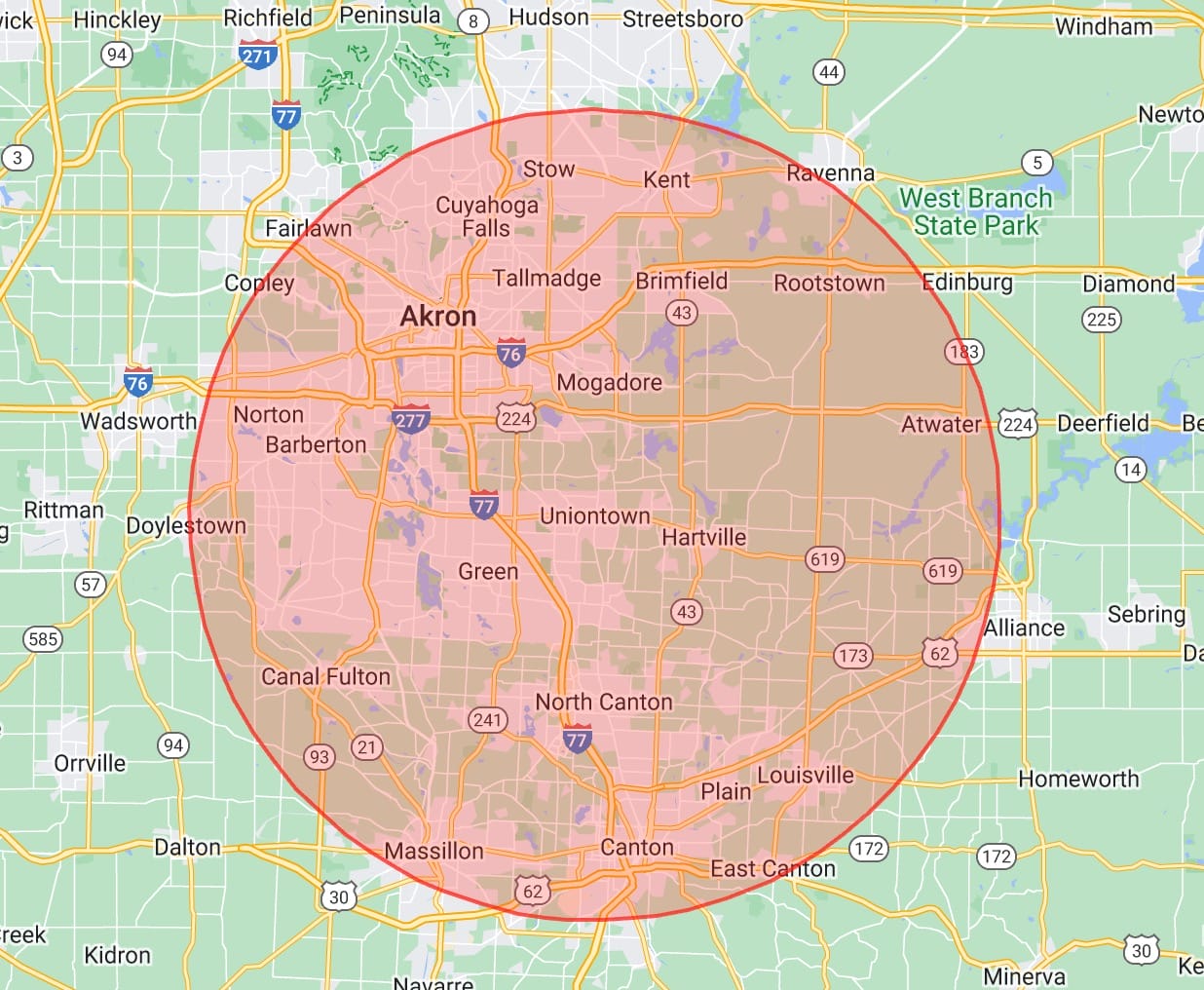 service area map Eagle Eye Roofing Akron and Uniontown