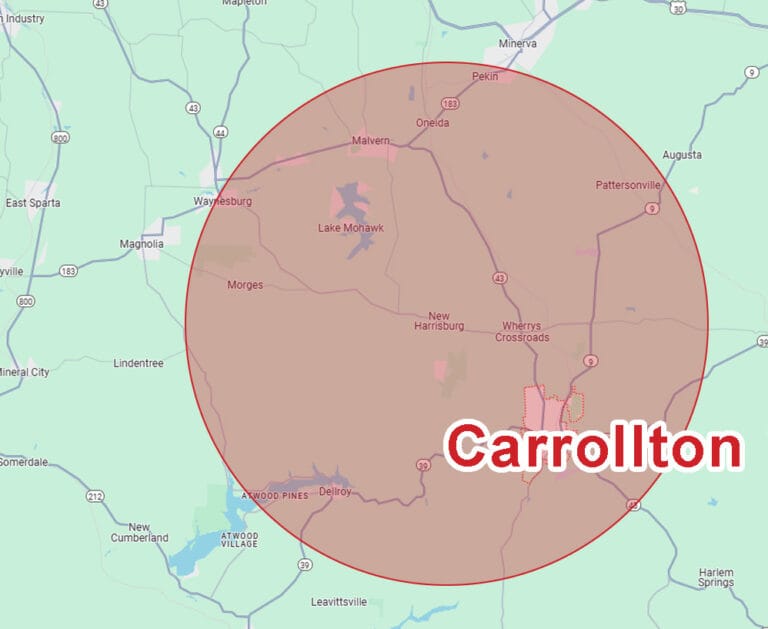 Service Area Map Carrollton Ohio for Eagle Eye Roofing LLC