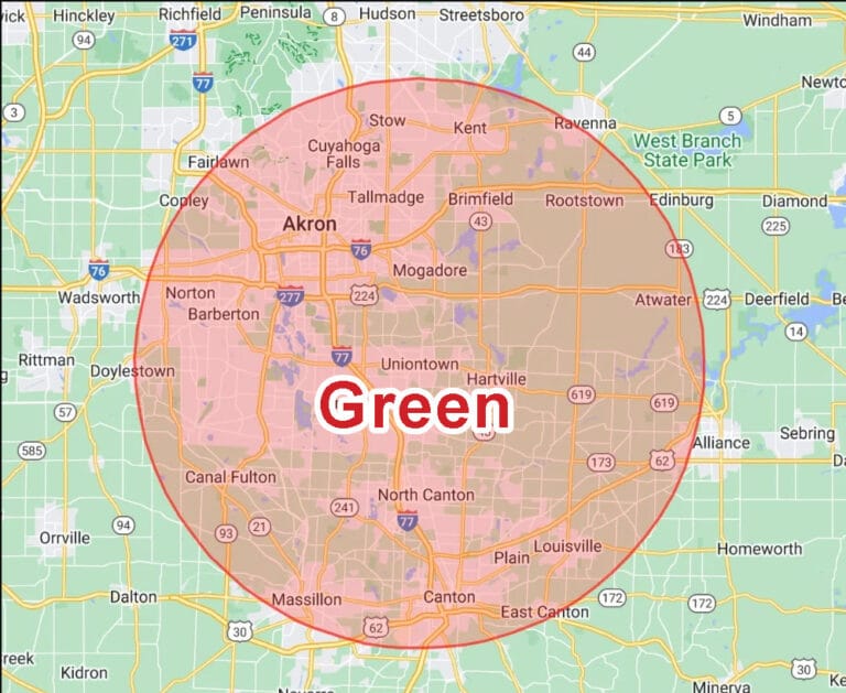 Location of Green Ohio shown on map for service area for Eagle Eye Roofing LLC