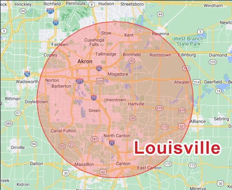 Louisville OH Map in service area for Eagle Eye Roofing LLC