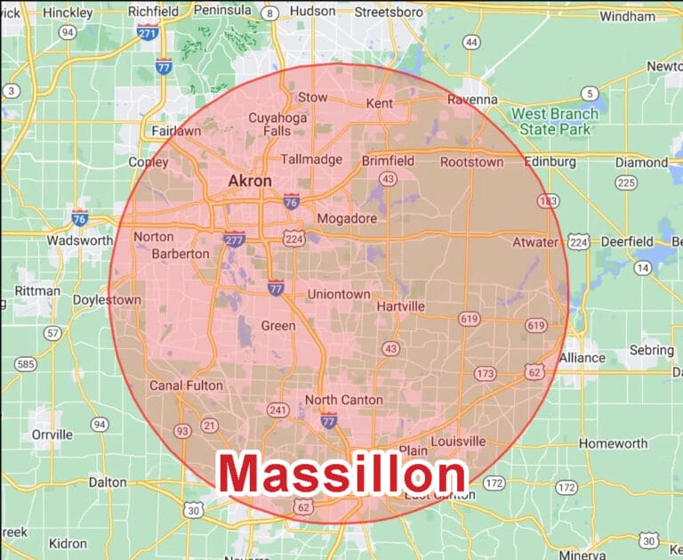 Massillon Ohio shown on Eagle Eye Roofing Service Area map