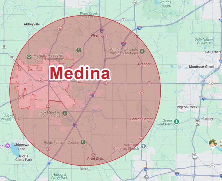 Eagle Eye Roofing LLC Service Area Map showing Medina Ohio