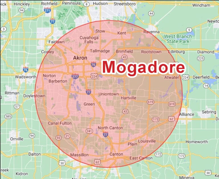 Eagle Eye Roofing LLC Service Area Map showing Mogadore Ohio