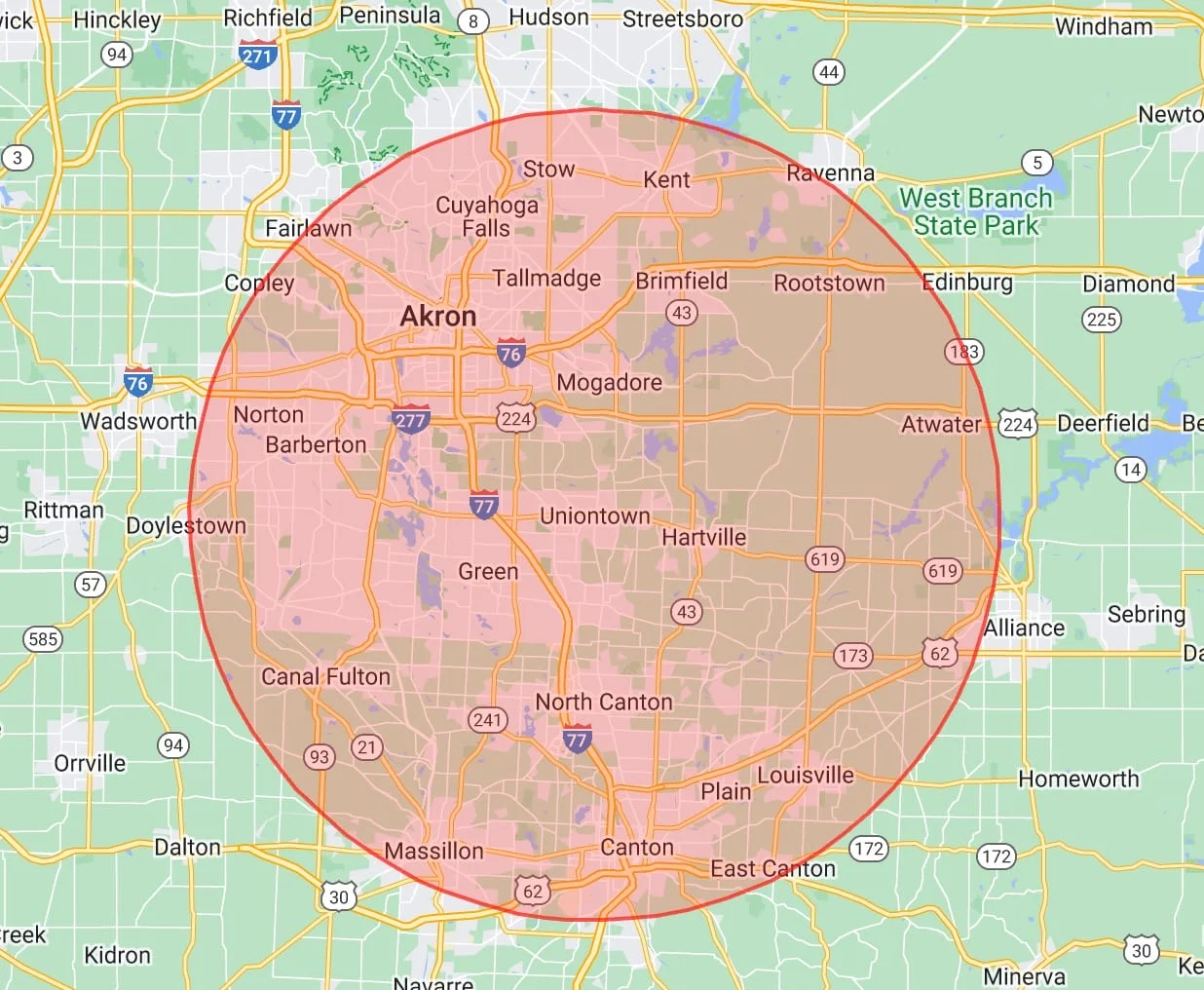 service area map Eagle Eye Roofing Akron and Uniontown