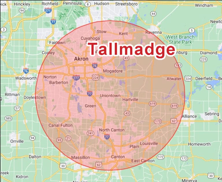 Eagle Eye Roofing LLC Service Area Map showing Tallmadge Ohio