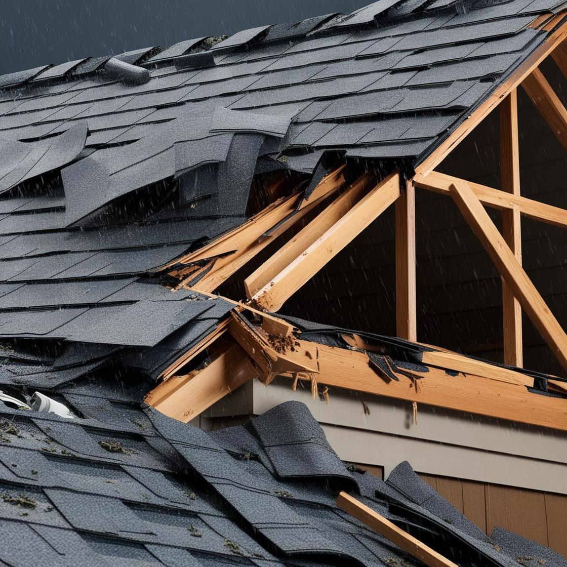 Storm damage to a home roof in Akron Ohio